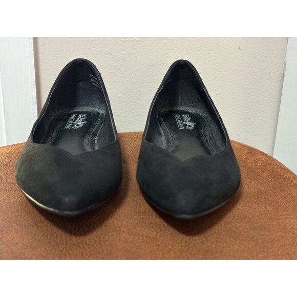 COACH and FOUR Ballet Flats Metallic Sliver Heel Pointed Toe Black Size 6 SlipOn - Picture 2 of 11